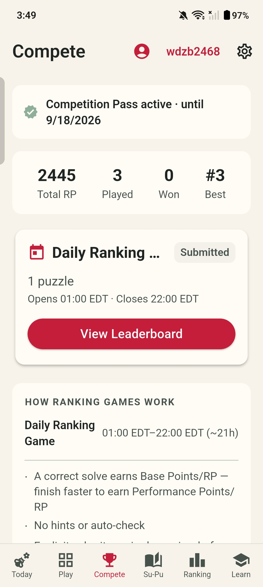 Orbace Sudoku Compete screen on Android showing an active Daily Ranking Game and player statistics