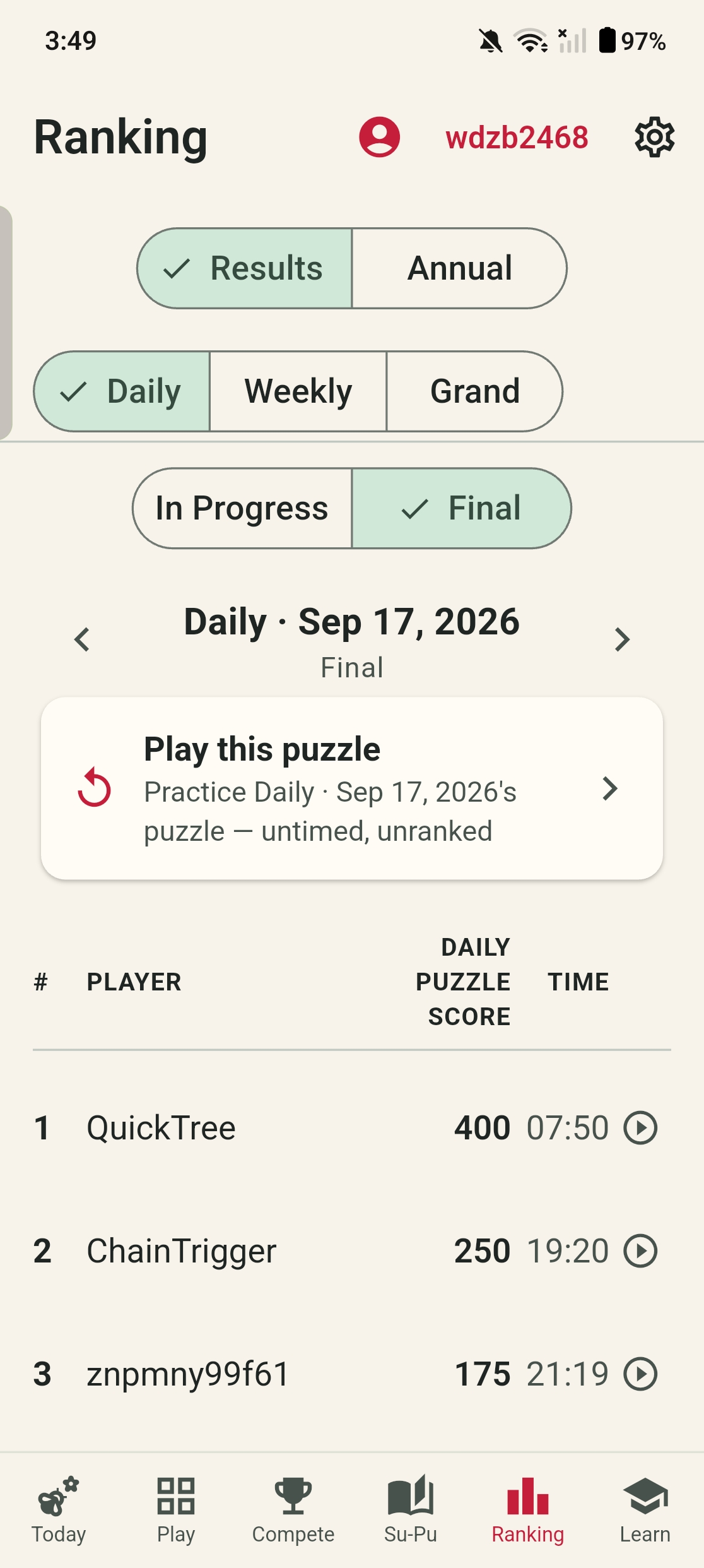 Orbace Sudoku final daily results on Android with the champion's replay and an option to play the puzzle