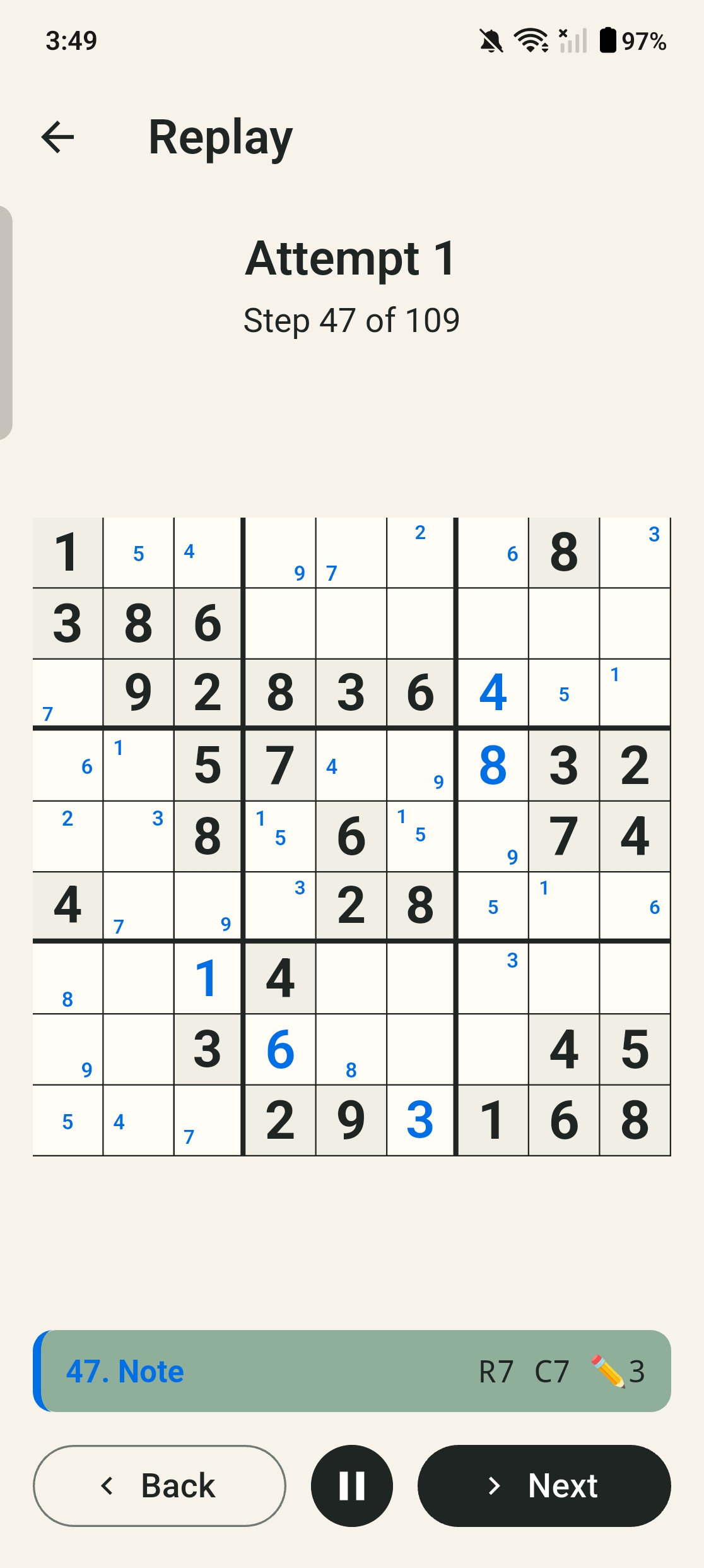 Orbace Sudoku Su-Pu replay on Android, showing notes and entries move by move