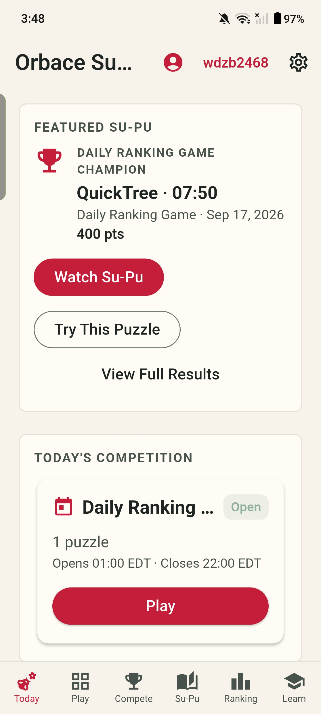 Orbace Sudoku Today screen on Android with the latest champion's Featured Su-Pu and today's ranking game