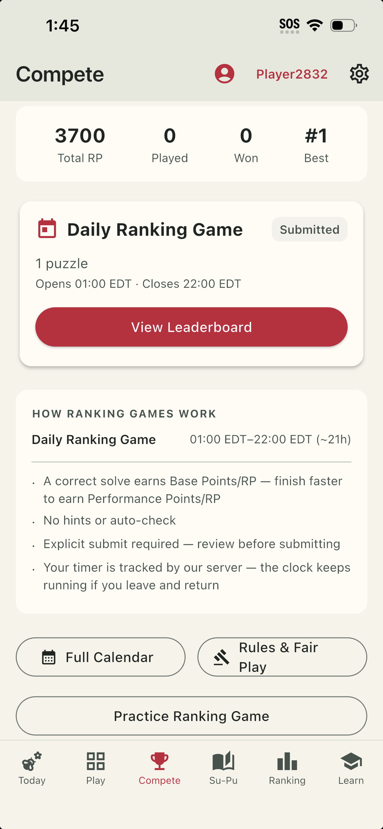 Weekly Cup entry rules in Orbace Sudoku on iPhone