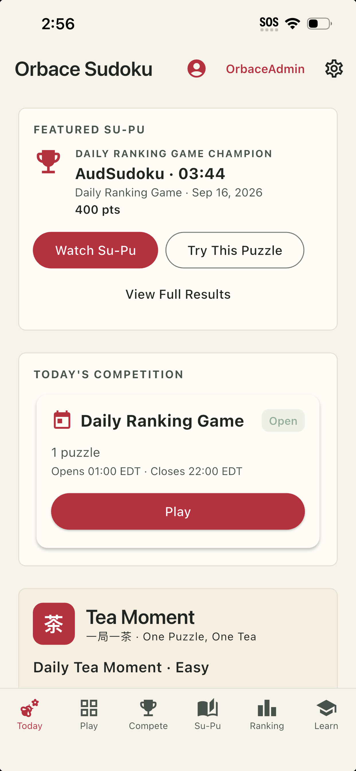 Orbace Sudoku 2.1 Today screen featuring the latest champion Su-Pu