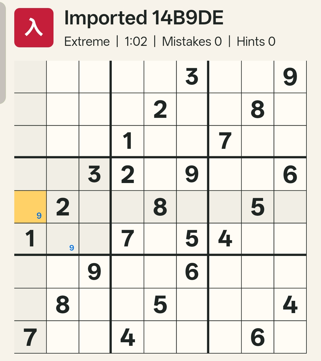Box 4 highlighted, showing that 9 can only be placed in one of two cells.