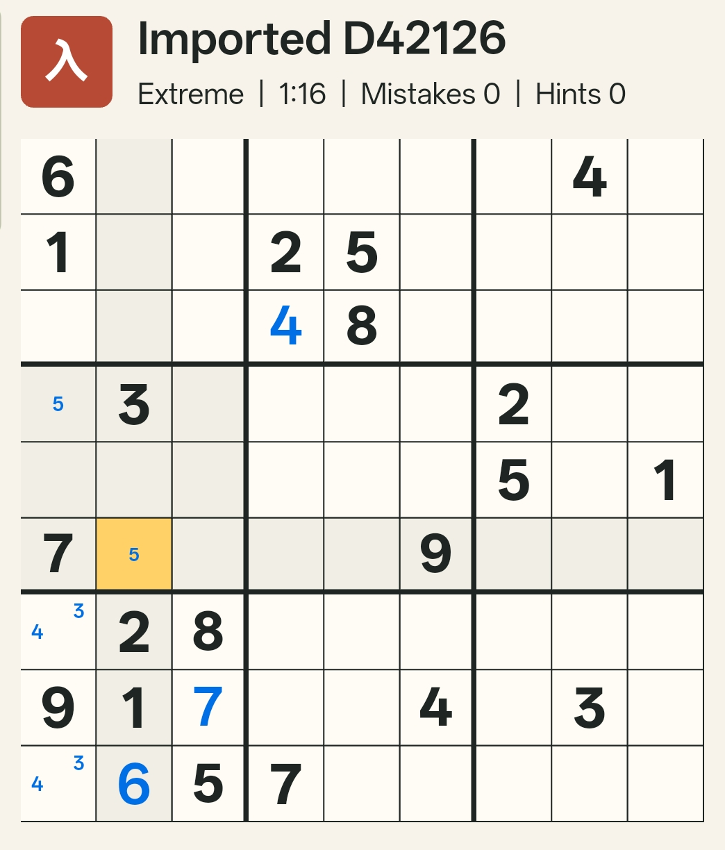 The grid after initial singles and naked pair, with Box 4 showing the knight formation for 5