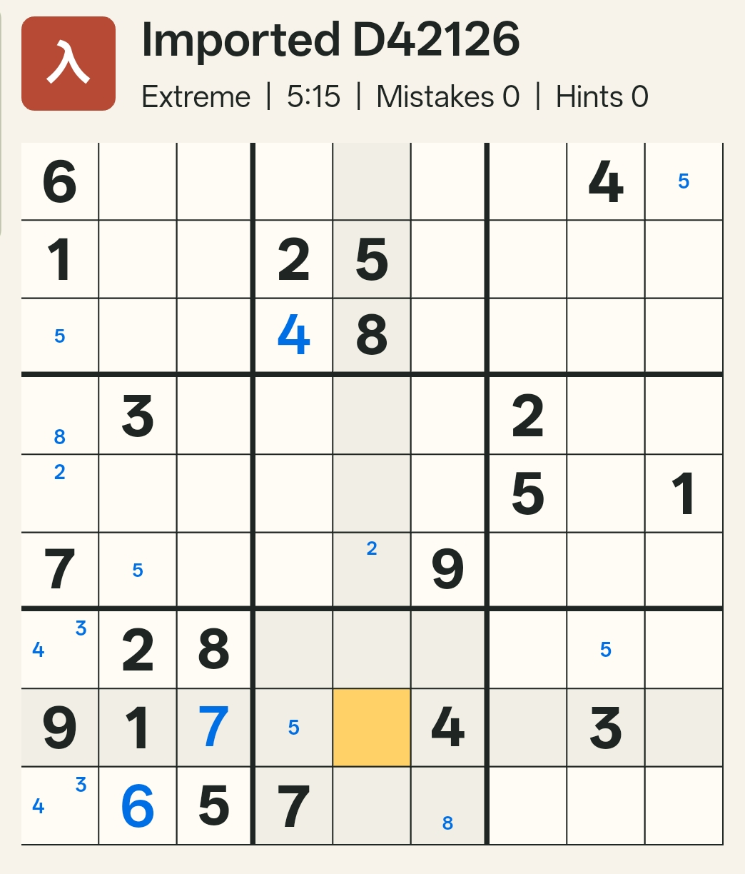 The grid showing the contradiction in Box 8, where 2 has no valid placement