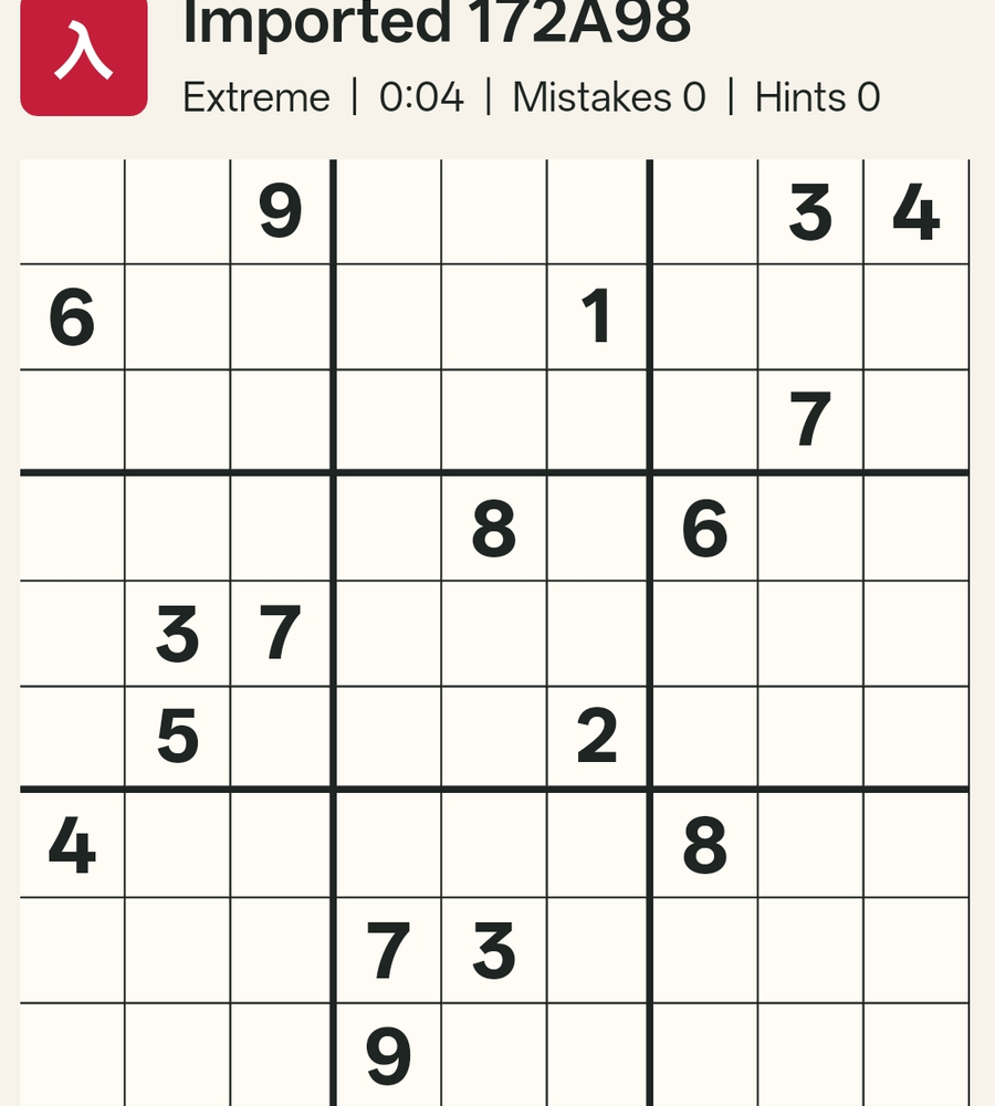 An Extreme-tier puzzle at the start, with sparse givens scattered across the grid
