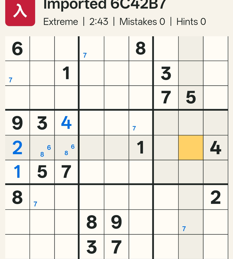 No valid placement for 7 in Box 6 after assuming R8C8