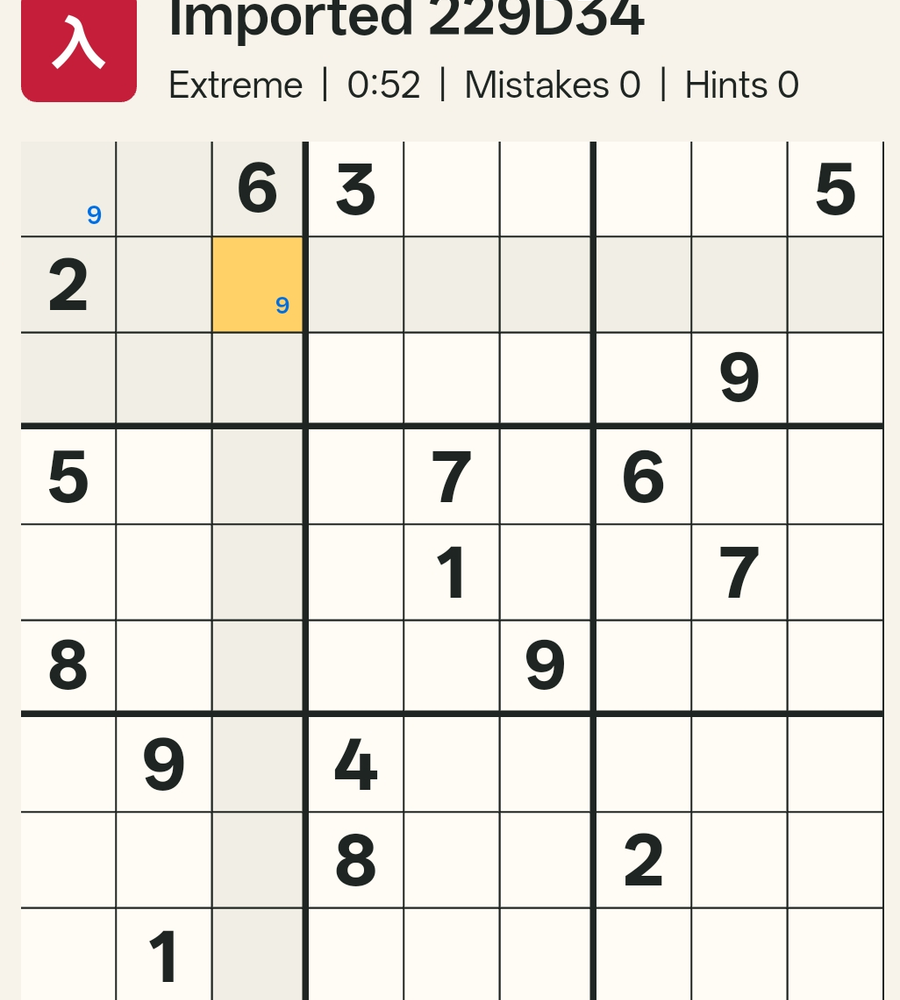 Box 1 highlighted, showing two possible positions for 9: R1C1 and R2C3