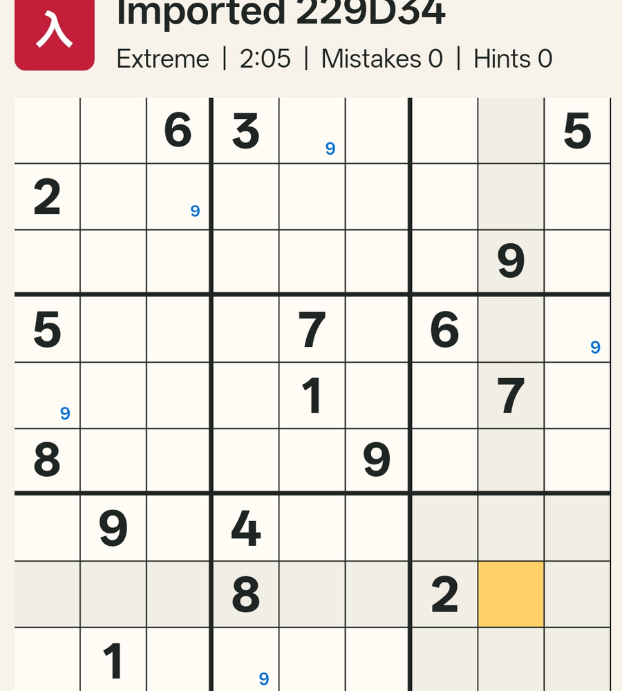 The grid after assuming R2C3 = 9, showing a five-step forced chain leading to a contradiction