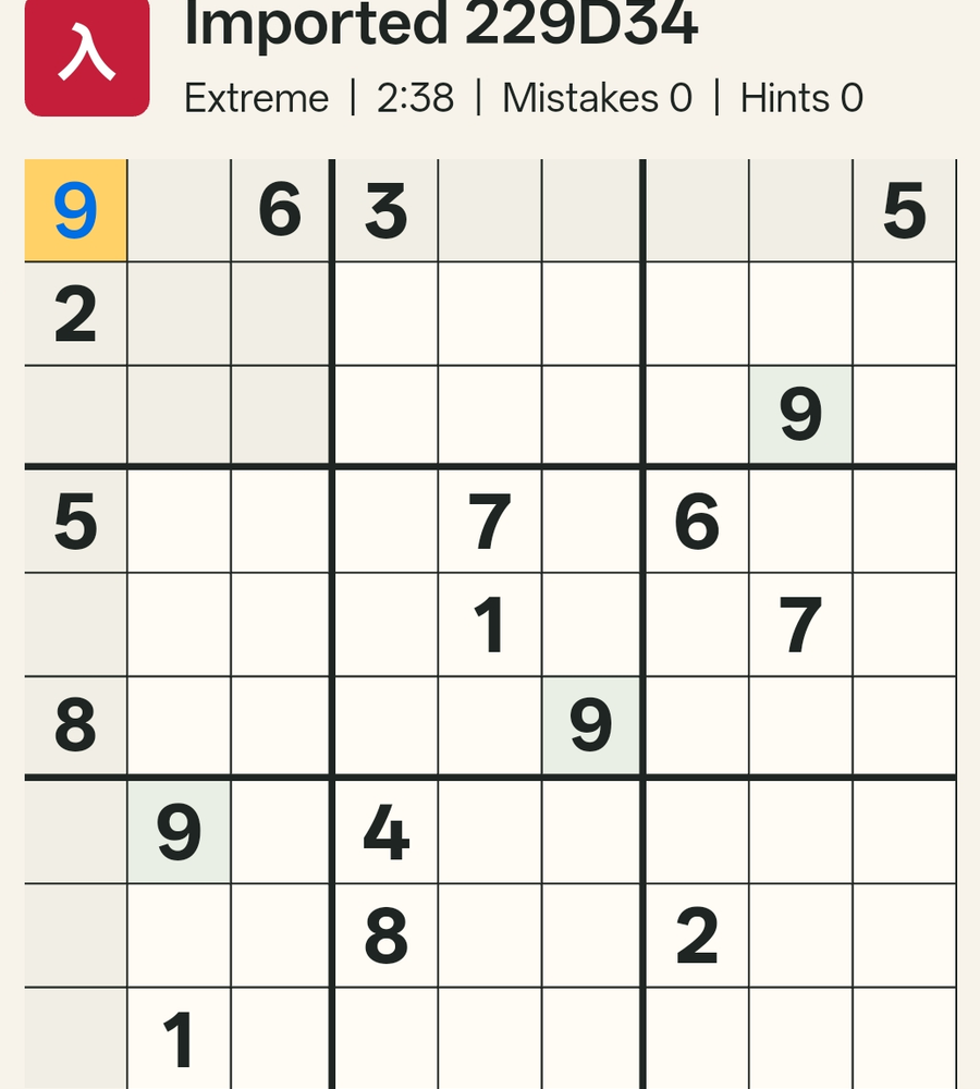 The confirmed placement: 9 at R1C1, highlighted