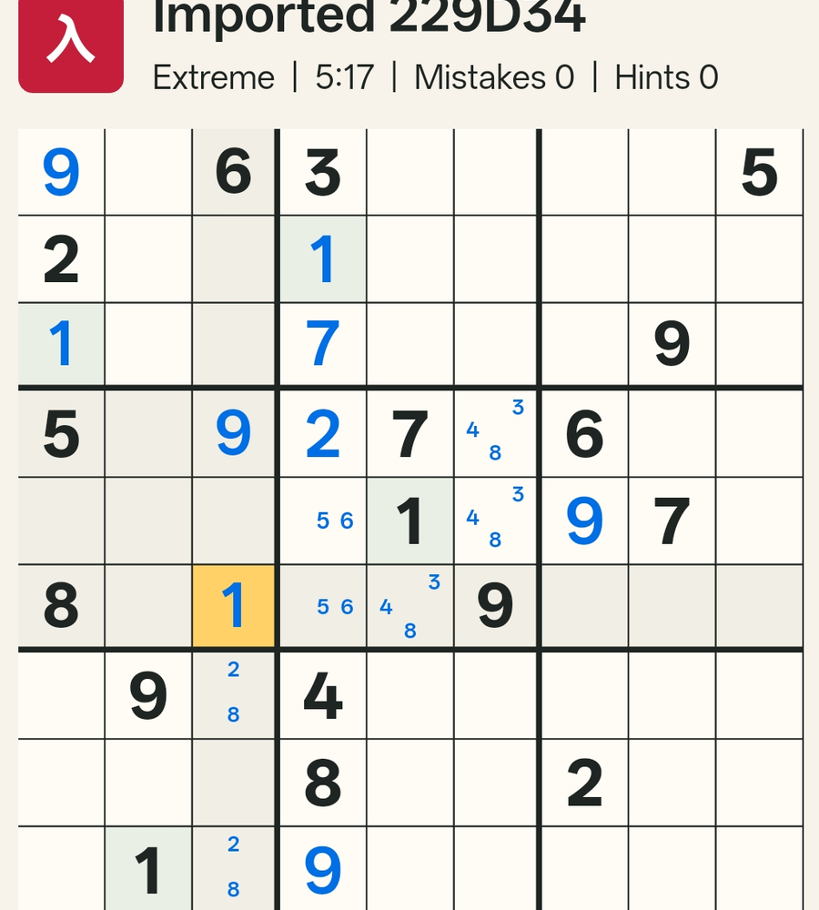 The grid several moves later, with many cells filled in using basic methods