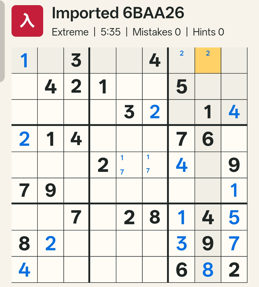 The grid after initial cross-hatching, showing a 1-7 confined group visible in Box 5 (the center box).